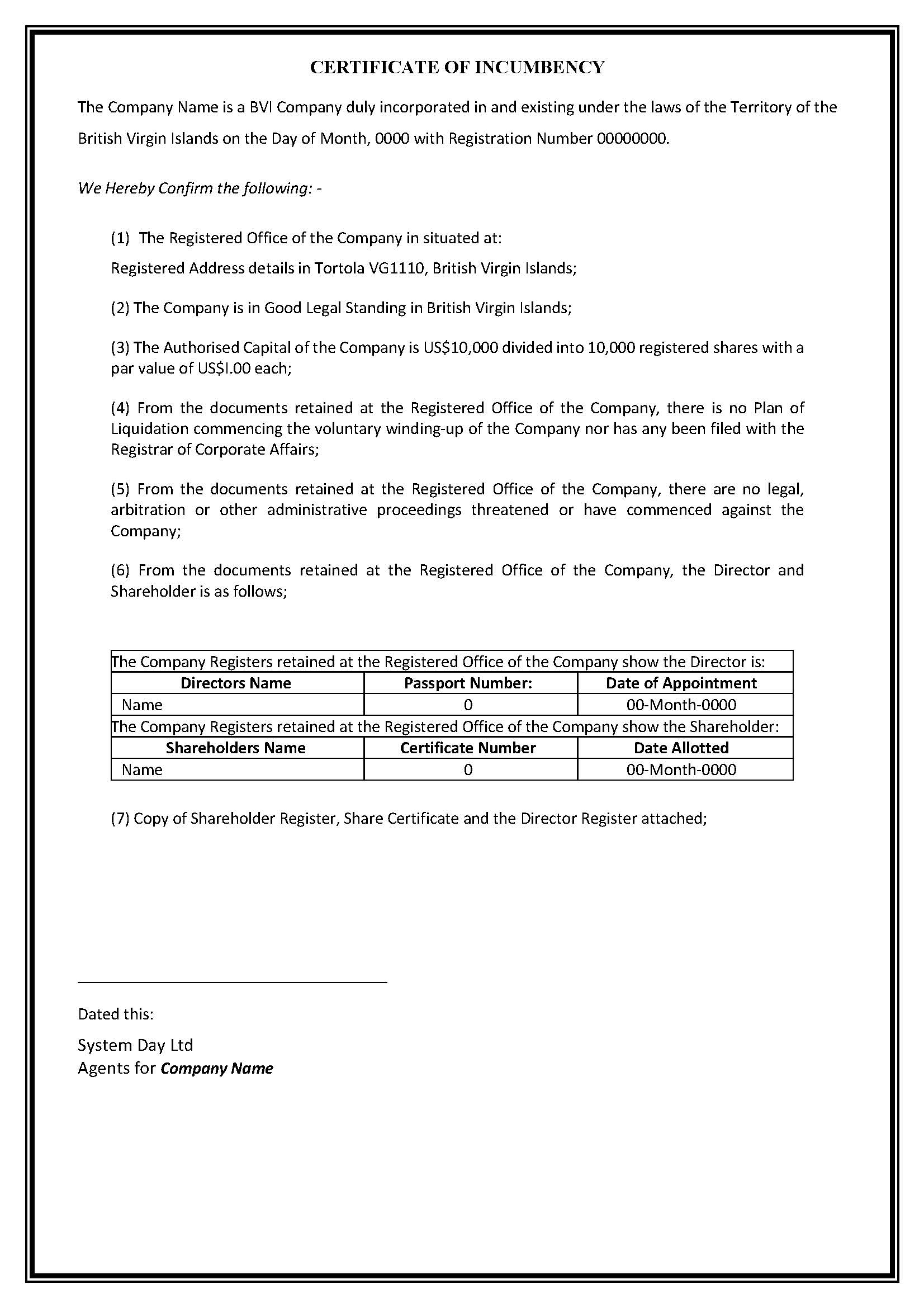 Certificate of incumbency