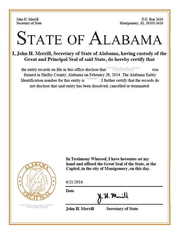 Certificate of Good Standing Alabama example