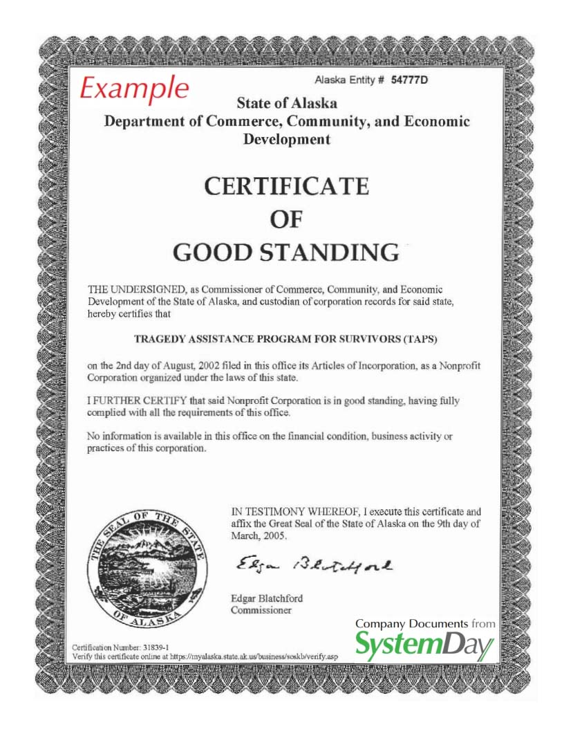 Certificate of Good Standing Alaska example