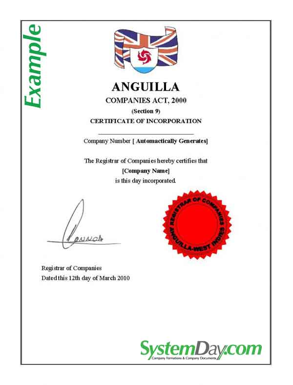 Anguilla Certificate of Incorporation