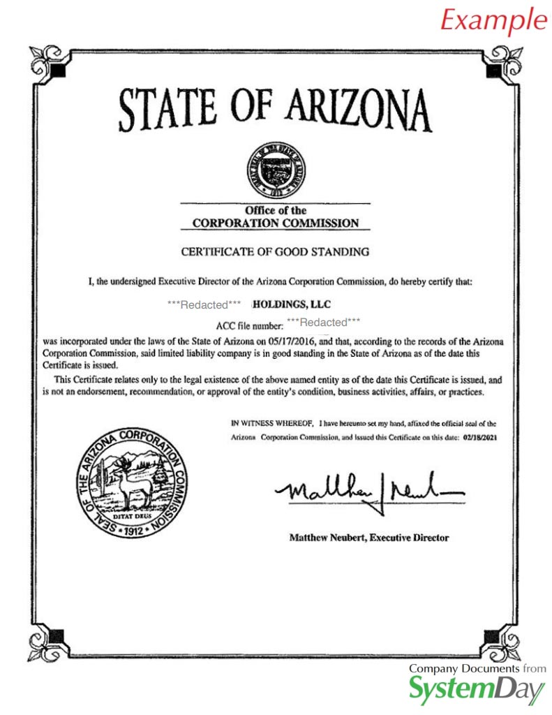 Certificate of Good standing Arizona example 