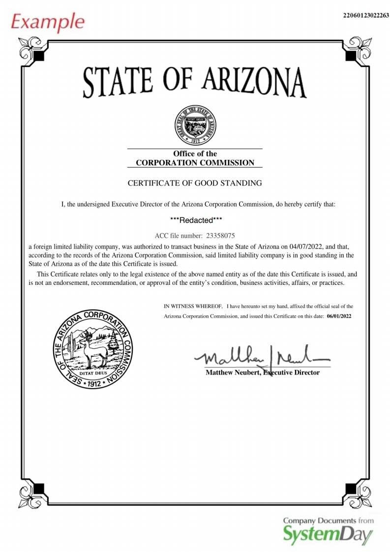 Certificate of Good standing Arizona example 