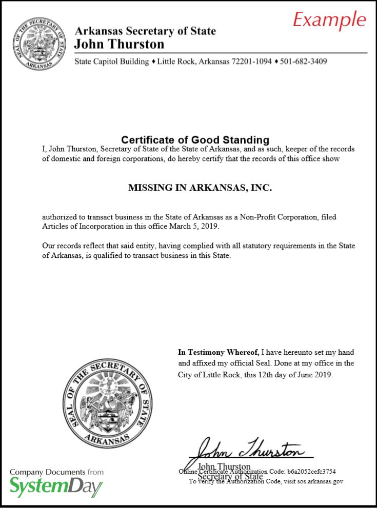 Certificate of Good Standing Arkansas example