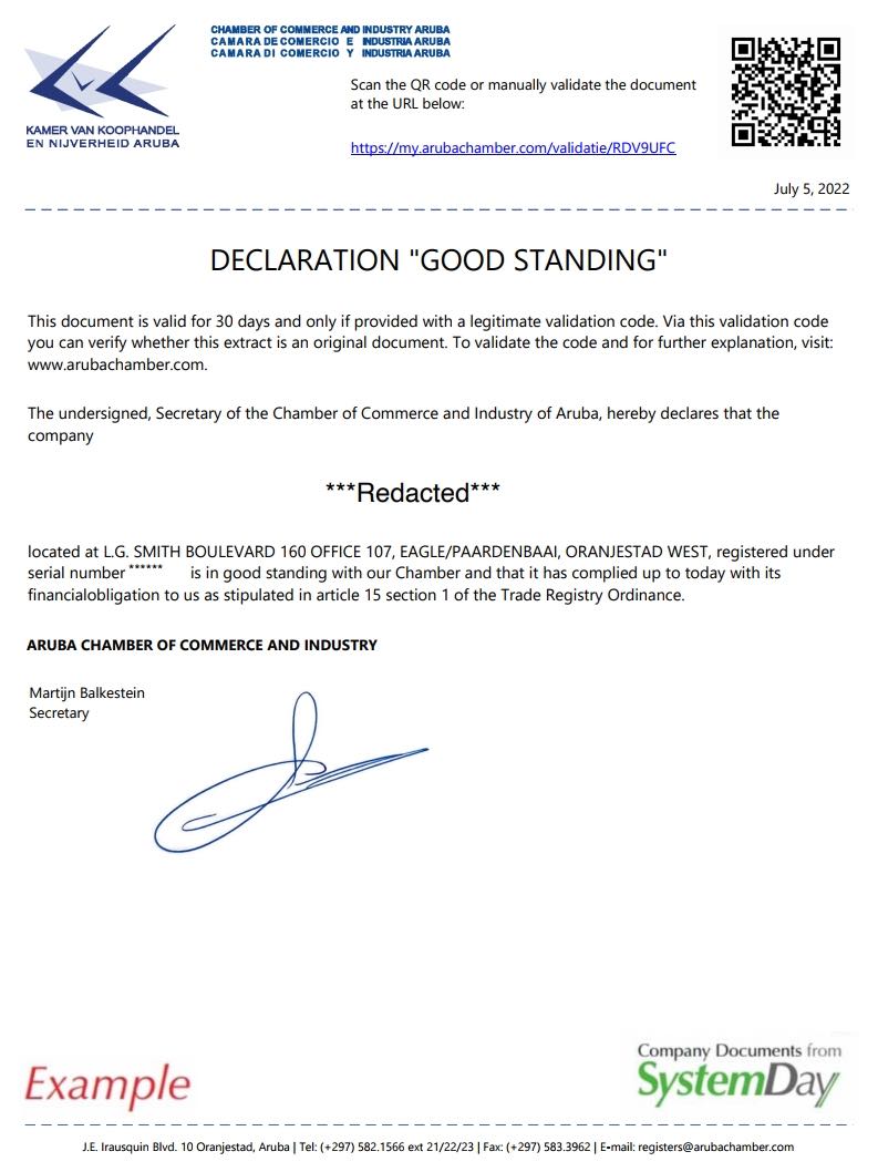 Certificate of Good Standing Aruba example