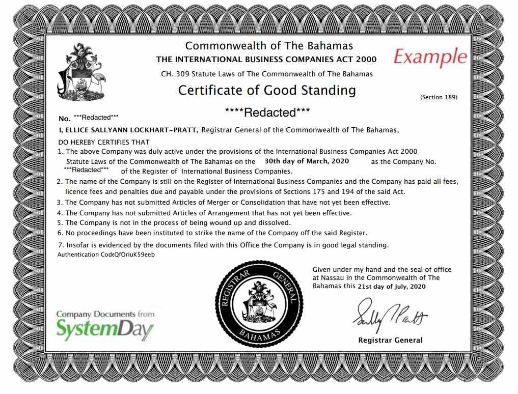 Certificate of Good Standing Bahamas example