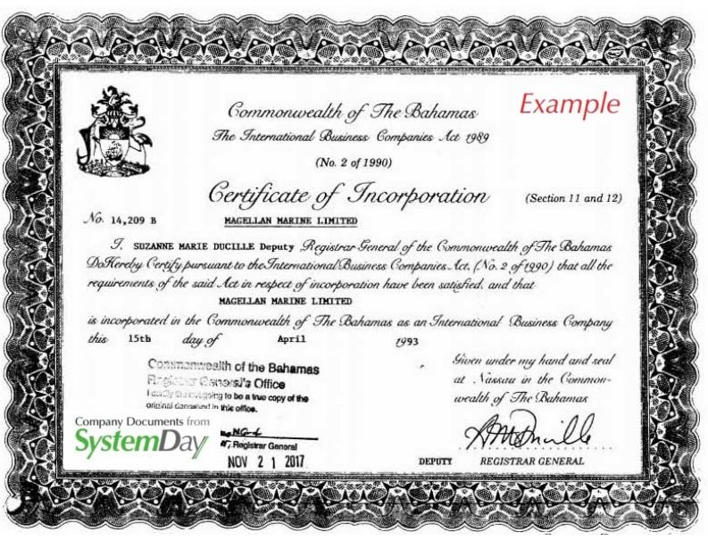 Bahamas Certificate of Incorporation