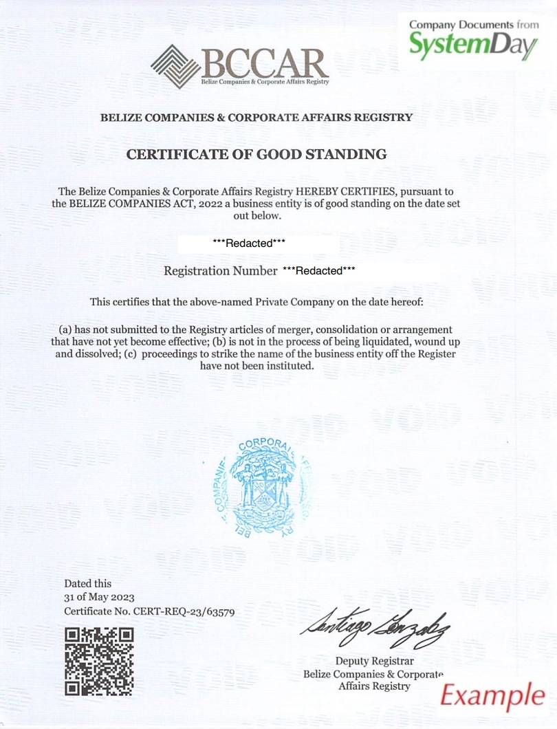 Certificate of Good Standing Belize example 