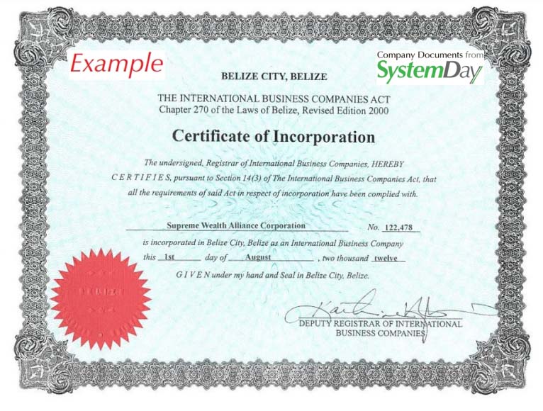 Belize Certificate of Incorporation