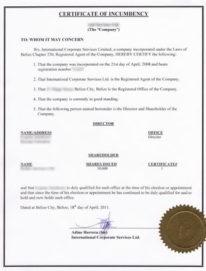 Belize Certificate of incumbency