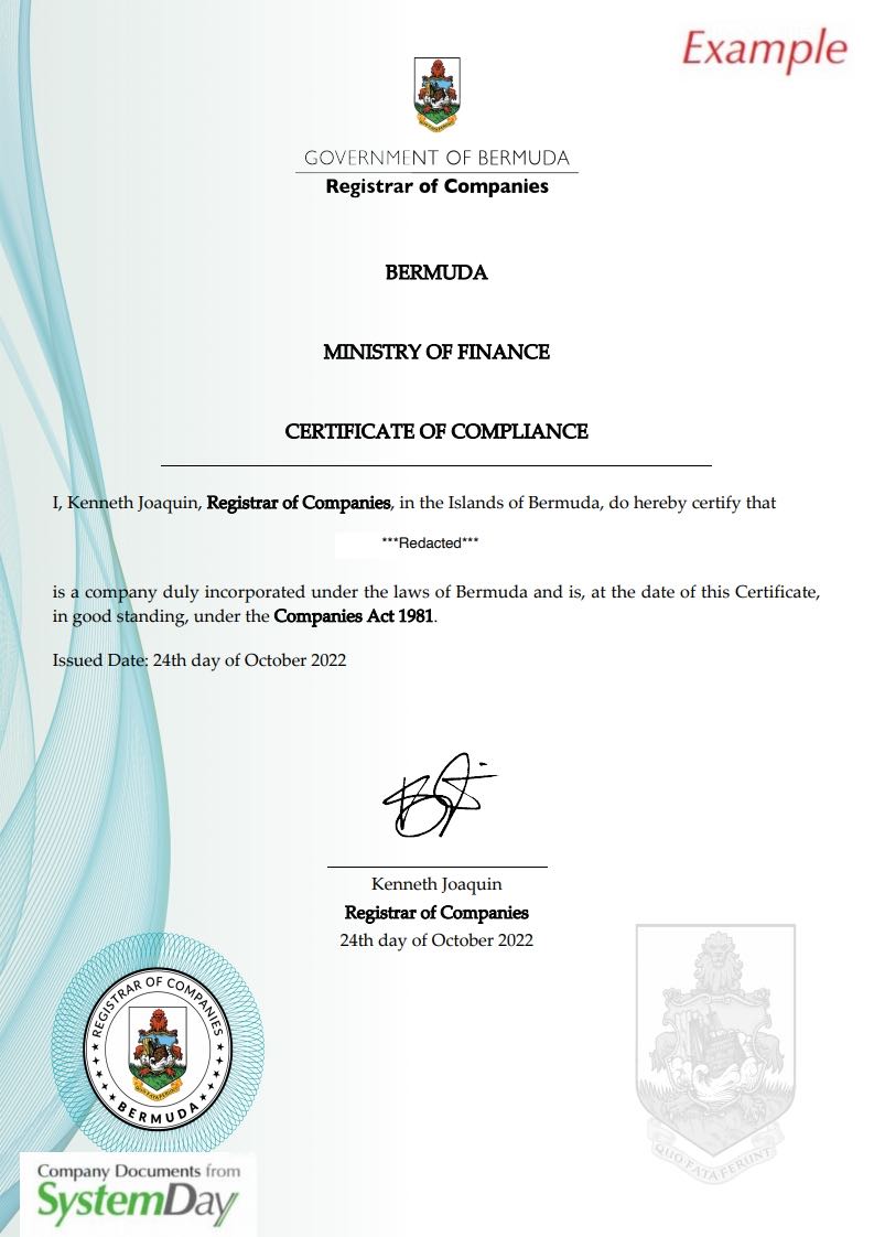 Certificate of Good Standing Bermuda example