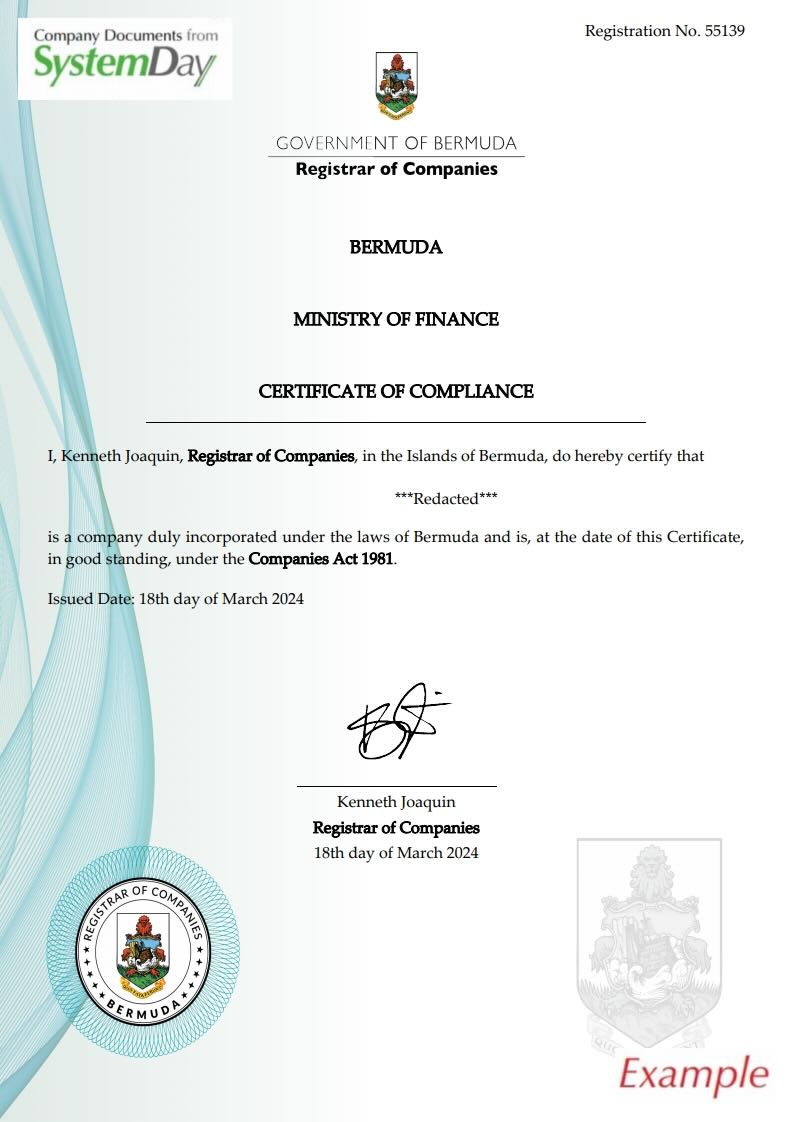 Certificate of Good Standing Bermuda example