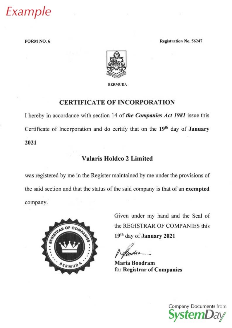 Bermuda Certificate of Incorporation