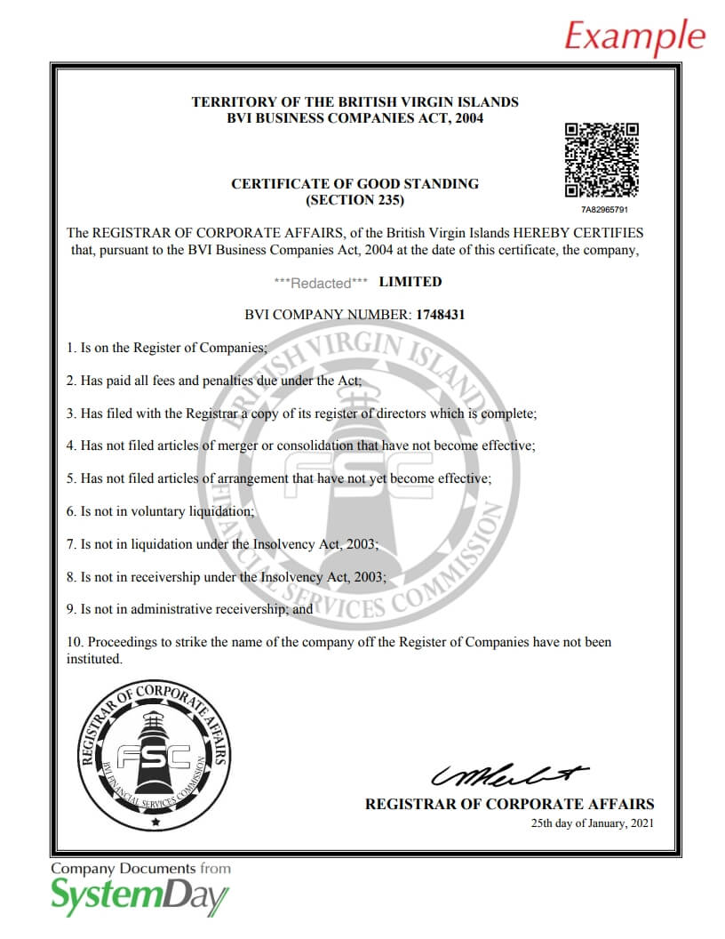Certificate of Good Standing BVI example