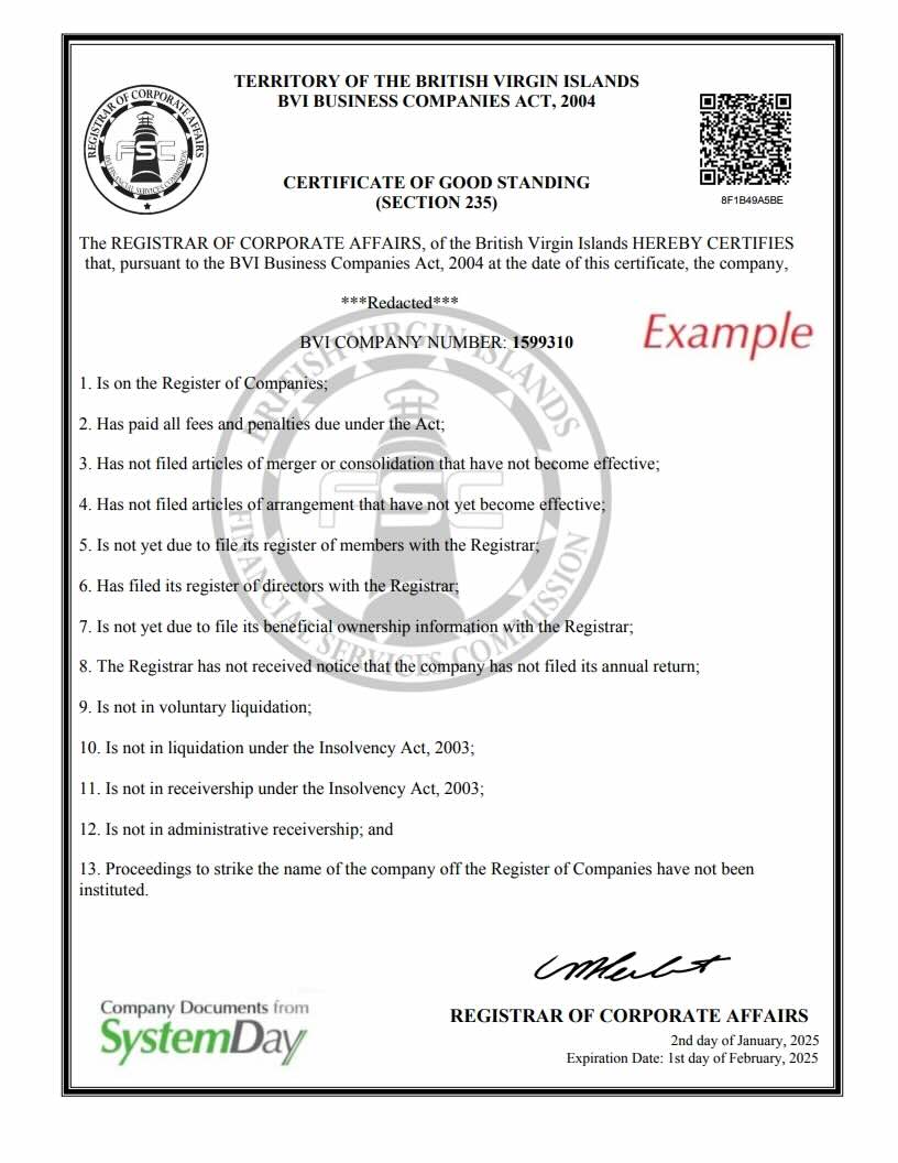 BVI certificate of good standing