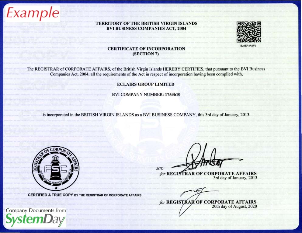 BVI Certificate of Incorporation