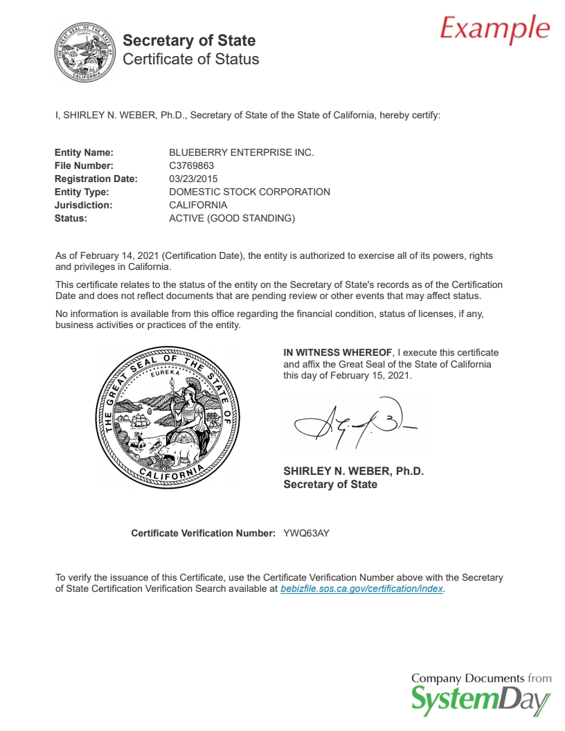 Certificate of Good Standing California example