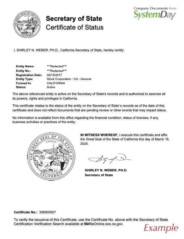 Certificate of Good Standing California example