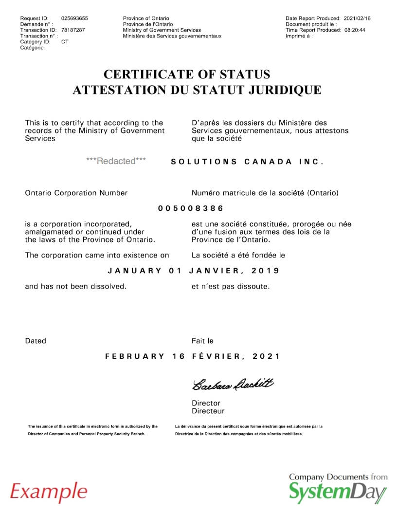 Certificate of Good Standing Canada example