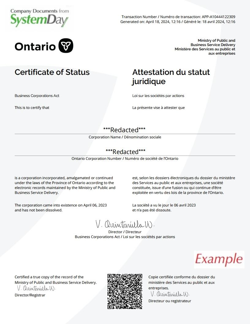 Certificate of Good Standing Canada example