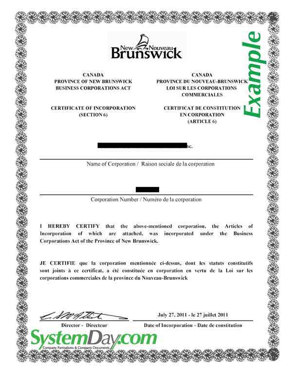 Canada Certificate of Incorporation