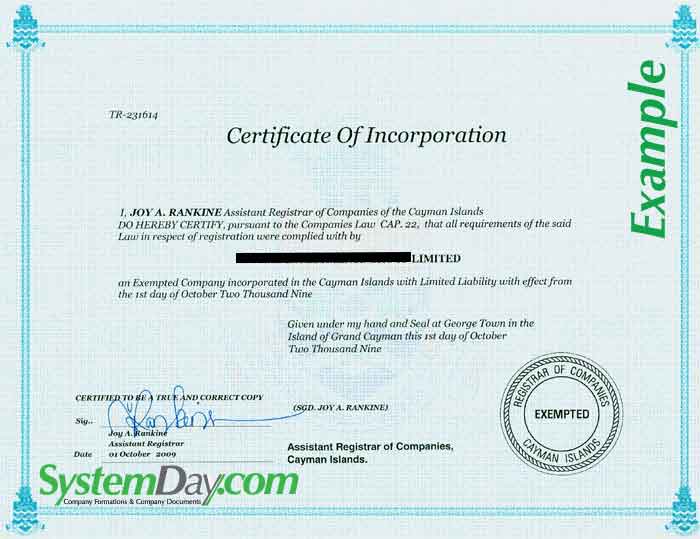 Cayman Islands Certificate of Incorporation
