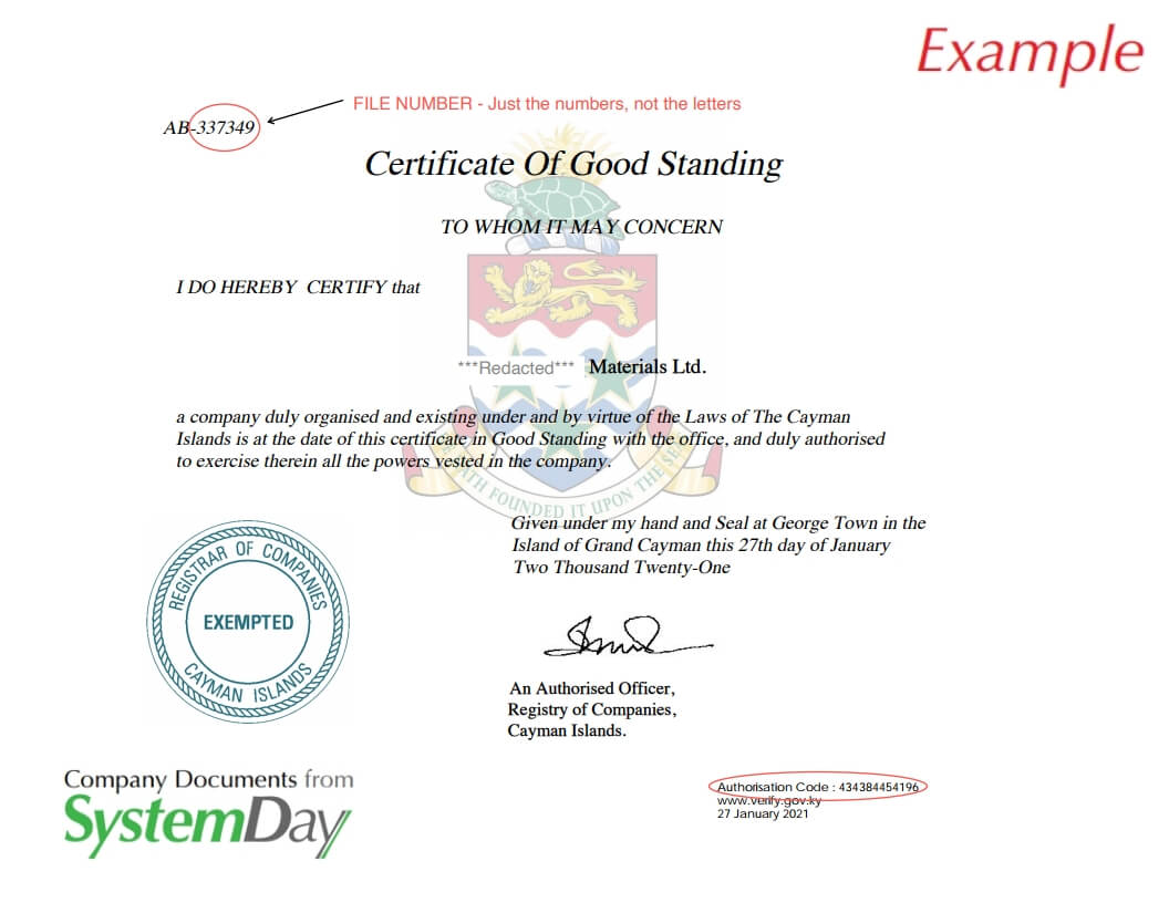 Certificate of Good Standing Cayman Islands example