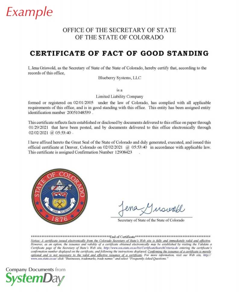 Certificate of Good Standing Colorado example