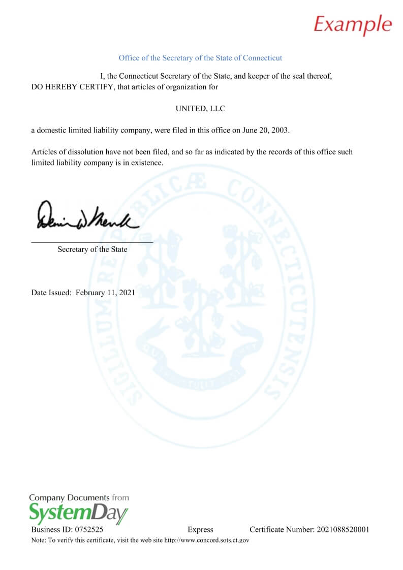 Certificate of Good Standing Connecticut example