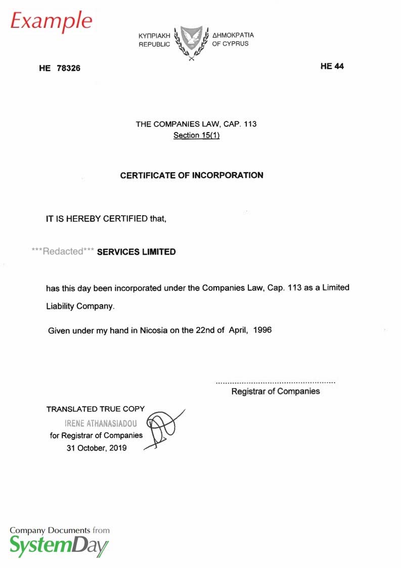 Cyprus Certificate of Incorporation