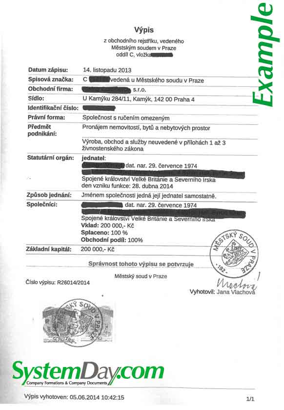 Czech Republic certificate of Incorporation