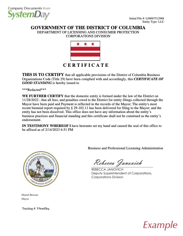 Certificate of Good Standing DC example