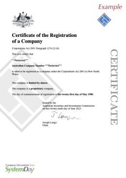 Certificate of Good Standing Australia Example