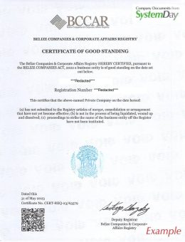 Certificate of Good Standing Belize example