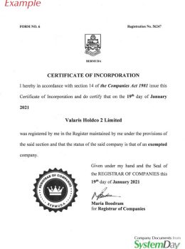 Bermuda Certificate of Incorporation