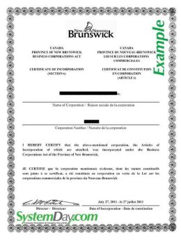 Canada Certificate of Incorporation