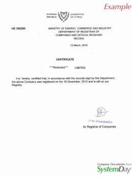 Certificate of Good Standing Cyprus example