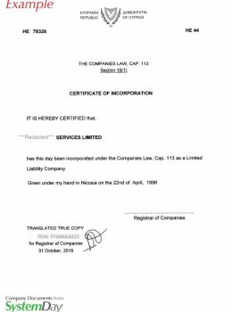 Cyprus Certificate of Incorporation