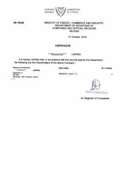 Cyprus Shareholder Certificate