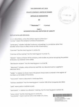 Gibraltar Memorandum and articles of Associations