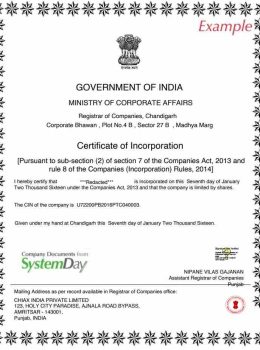 India Certificate of Incorporation