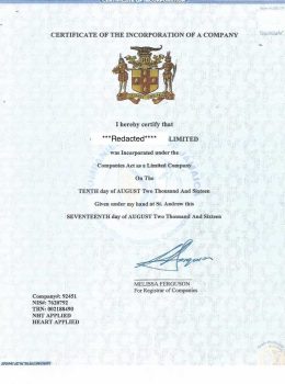 Jamaica Certificate of Incorporation