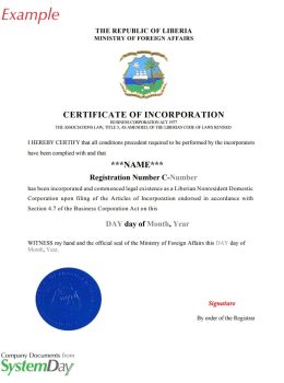 Liberia Certificate of Incorporation