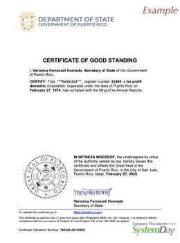 Puerto Rico Certificate of Good Standing example