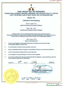 Certificate of Good Standing St Vincent example