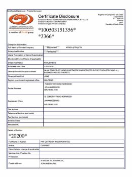 South Africa Certificate of Confirmation