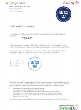 Certificate of Good Standing Sweden example