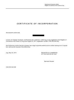 Switzerland Certificate of Incorporation
