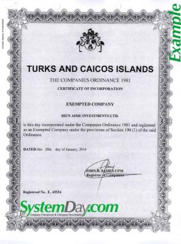 Turks and Caicos Certificate of Incorporation