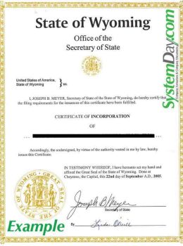 Wyoming Certificate of Incorporation