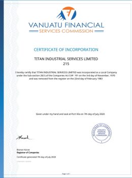 Vanuatu Certificate of Incorporation